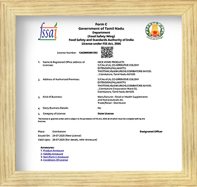 FSSAI license certificate of Nice Home Products – approved to make fresh chapathi, poori, and paratha in Coimbatore.